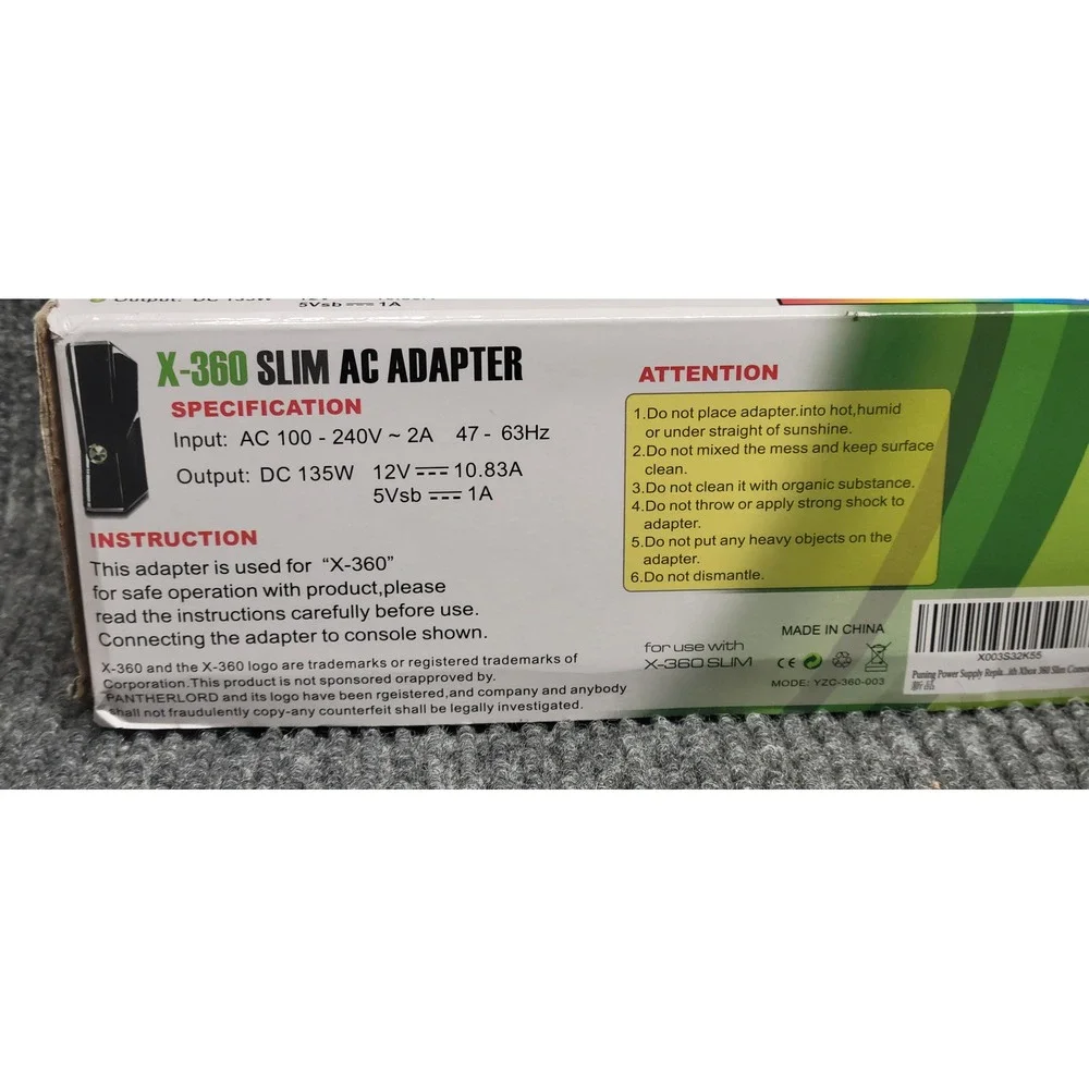 X-360 Slim AC Adapter Power Supply Brick 135W Replacement Cord YZC-360-003 Black